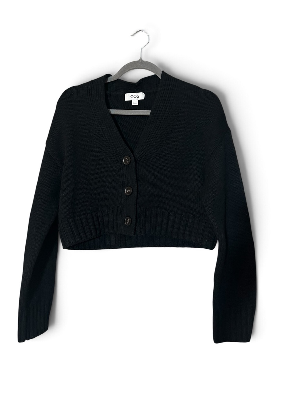 COS Black Cropped Boxy V-Neck Cardigan Ribbed Hem Wool Cashmere XS